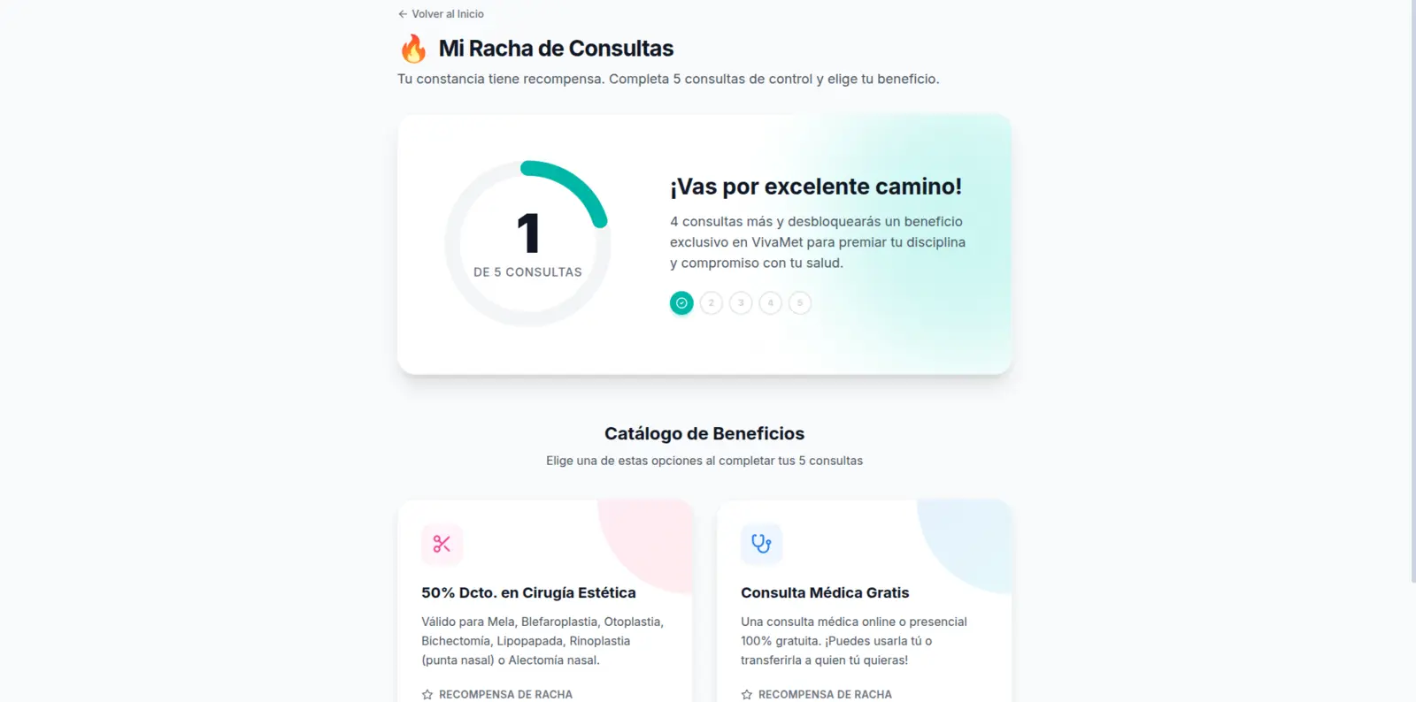 Sistema de racha y beneficios por consultas continuas en VivaMet.