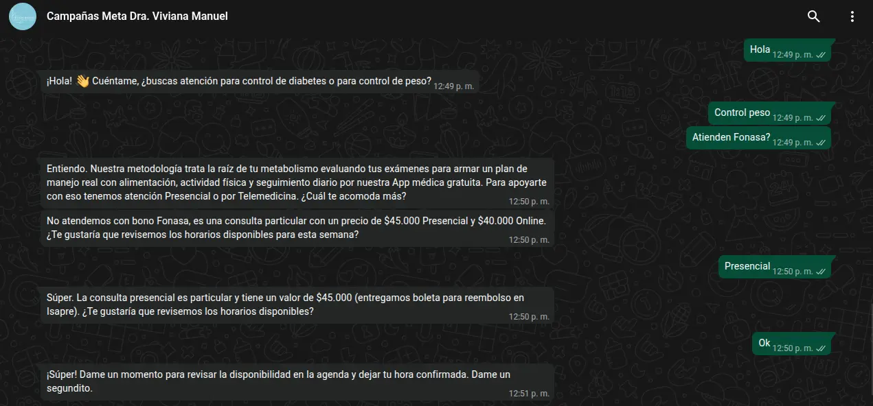 Conversación de WhatsApp atendida por el chatbot de Clínica Dra. Viviana.